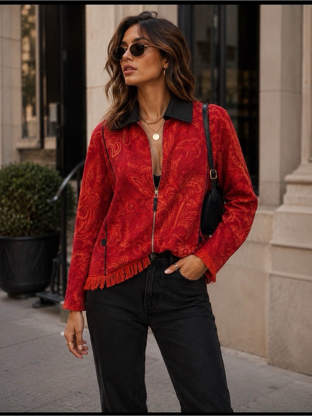 VTG Spartelle Boho Red Floral Paisley Tapestry Fringe Jacket